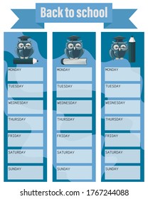 Back to school. Owl. Vector icon. Emblem for the design of a weekly planner, organizer, bookmark in book, notebook, notepad.