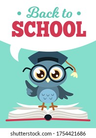 Back to school owl. Wise owl in graduate cap with books, learning education kids colored school card, cartoon vector decorative poster