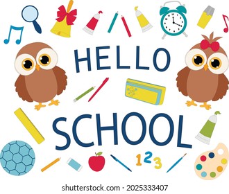 Zurück zur Schule Eule Banner Vektorgrafik. Schulbedarf Grußkarte