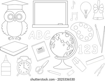 Back to school owls coloring vector illustration. School supplies backpack globe pencil case paints pencils	