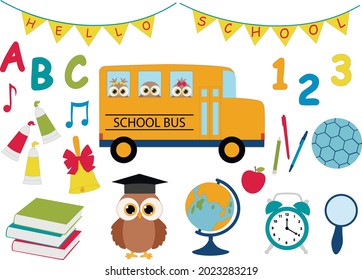 Back to school owls vector Illustration. School bus educational supplies books paints globe ball notebook apple
