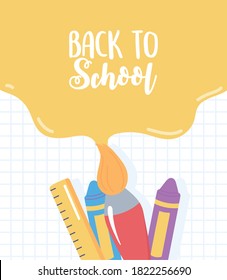 back to school, paint color brush ruler crayon grid background, elementary education cartoon vector illustration
