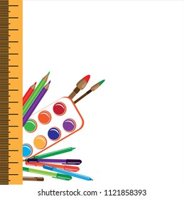 Back to school - paint, pencils, colored. Isolated, white background, school supplies, objects, tools, frame