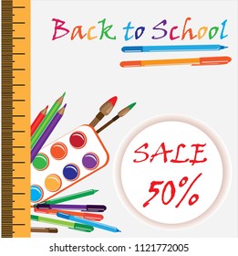 Back to school - paint, pencils, text, colored. Isolated, white background, school supplies, objects, tools