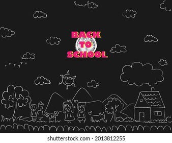 Back To School Painting In Chalkboard Background Illustration, Kids painting.