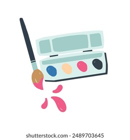 Back to school with paints and brushes, art supplies. Hand drawn vector illustration in simple style.