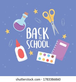 back to school, palette color scissors glue notebook education cartoon vector illustration