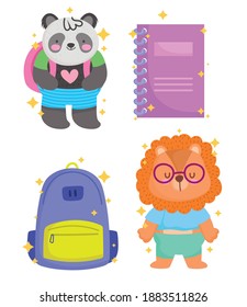 Volver a la escuela panda león diseño de bolsos y portátiles, clase de educación y tema de lección Ilustración de vectores