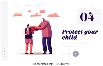 Back to School at Pandemic Landing Page Template. Father Character Help to Dress on Medical Mask to Son Pupil before Walking to Study. Quarantine Rules for Students. Cartoon People Vector Illustration