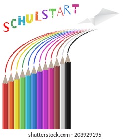 Back to school: a paper airplane flies over a row of colored pencils 