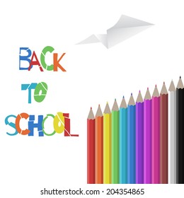 Back to school: a paper airplane flies over a row of colored pencils 