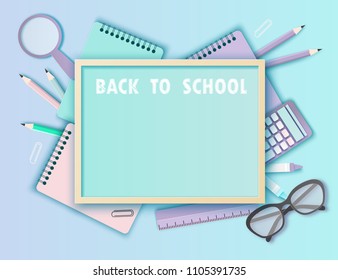 Back to school paper art background with glasses, pencil, blackboard and other school supplies. Modern origami teaching, education and learning symbol design. Pastrel colors
