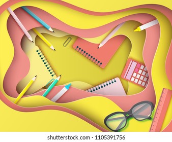 Back to school paper art background with glasses, pencil, calculator and other school supplies. Modern origami deep style teaching, education and learning symbol design. Pastrel colors