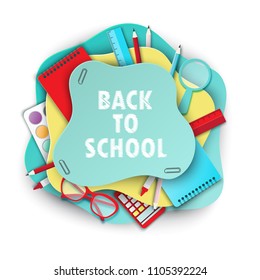 Back to school paper art background with glasses, pencil, calculator and other school supplies. Modern origami teaching, education and learning symbol design. Pastrel colors