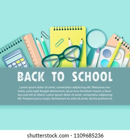 Back to school paper art background with notebook, pencil, calculator and other school supplies. Modern origami teaching, education and learning symbol design. Pastrel colors
