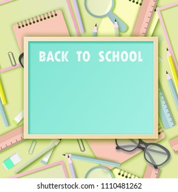 Back to school paper art background with glasses, pencil, blackboard and other school supplies. Modern origami teaching, education and learning symbol design. Pastrel colors