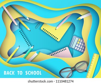 Back to school paper art background with glasses, pencil, calculator and other school supplies. Modern origami deep style teaching, education and learning symbol design. Pastrel colors