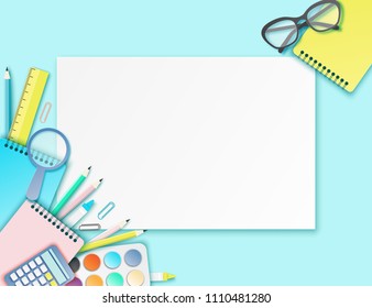 Back to school paper art background with glasses, pencil, calculator and other school supplies. Modern origami teaching, education and learning symbol design. Pastrel colors