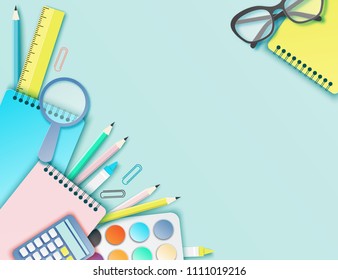 Back to school paper art background with glasses, pencil, calculator and other school supplies. Modern origami teaching, education and learning symbol design. Pastrel colors