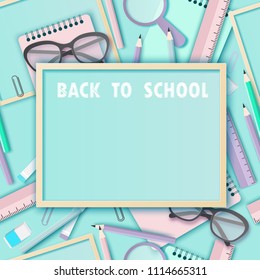 Back to school paper art background with glasses, pencil, blackboard and other school supplies. Modern origami teaching, education and learning symbol design. Pastrel colors