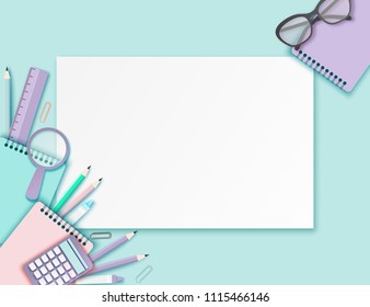 Back to school paper art background with glasses, pencil, notebook and other school supplies. Modern origami teaching, education and learning symbol design. Pastrel colors