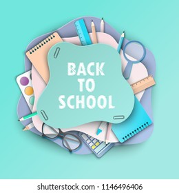 Back to school paper art background with notebook, pencil, calculator and other school supplies. Modern origami teaching, education and learning symbol design. Pastrel colors