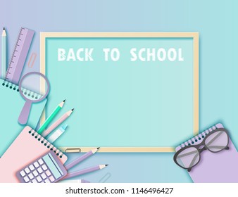 Back to school paper art background with glasses, pencil, blackboard and other school supplies. Modern origami teaching, education and learning symbol design. Pastrel colors