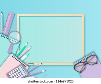 Back to school paper art background with glasses, pencil, blackboard and other school supplies. Modern origami teaching, education and learning symbol design. Pastrel colors