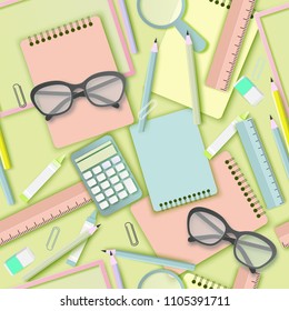 Back to school paper art seamless pattern with glasses, pencil, calculator and other school supplies. Modern origami teaching, education and learning symbol background design. Pastrel colors