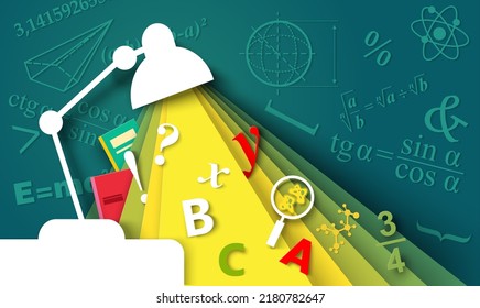 Back to school paper cut art vector. Table lamp with abc letter, math, physical, geometric, chemical, trigonometric formula on blackboard three-dimensional layer design illustration