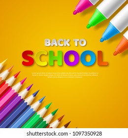 Back to school paper cut style letters with realistic colorful pencils and markers. Yellow background. Vector illustration.