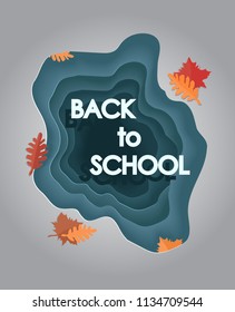 Back to school - paper cut vector illustration. 1 september card in craft style. Knowledge day. leaves fallen from the trees in autumn, lie on the asphalt near a puddle, after a rain. 