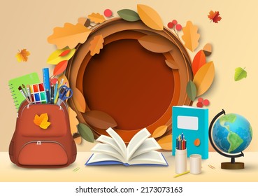 Back To School Paper Cut Vector Illustration. First September Card In Craft Style. Knowledge Day Poster With Layered Effect. Maple, Oak Leaves And Study Accessories With Round Copy Space For Text