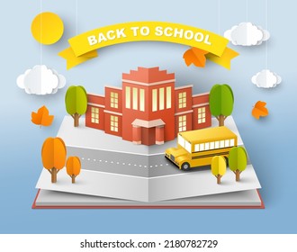 Back to school paper cut vector illustration. School building and bus over textbook pages. Welcome and invitation poster craft art style advertising design. Start of education process concept