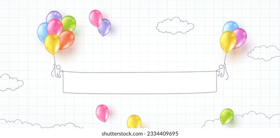 Back to school paper notebook background. Drawing children and flying colorful balloons banner. Vector doodle kids with 3d ballons on empty poster template