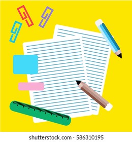   Back to school  with Paper, Ruler and  Pencils  on yellow Background.