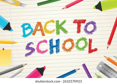 Back to school in paper space with color pencil, educational elements vector illustration