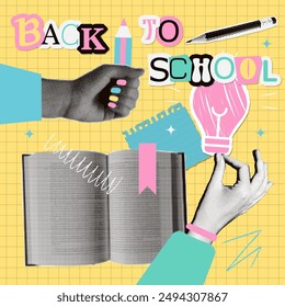 Back to School paper torn out stickers Set. Collection of Halftone hands holding pencil, idea lamp. Education and study concept. Vintage vector illustrations isolated on checkered background