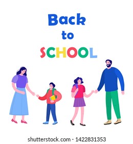 Back to school. Parents hand in hand with their children going to school.