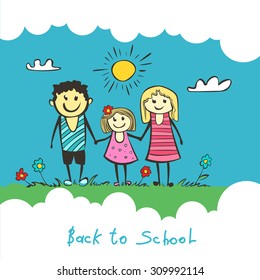 Back to school. Parents are a happy child, Mom and Dad. cartoon vector illustration of a flat style