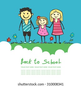 Back to school. Parents are a happy child, Mom and Dad. cartoon vector illustration of a flat style