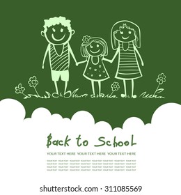 Back to school. Parents are a happy child, Mom and Dad. cartoon vector illustration of a flat style