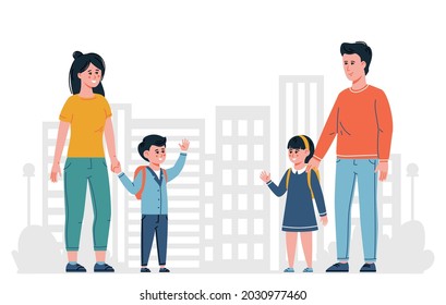 Back to School. Parents, mother and Father with kids go to the 1st school day. Meeting of happy Pupils schoolchildren with schoolbag. Primary School Kids. Bright family Flat vector illustration 