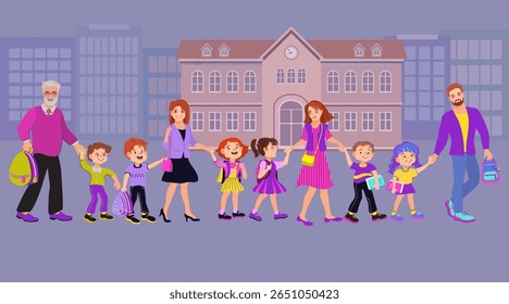 Back to school. Parents take their children to school. Dad, Mom, Grandpa, and children. Family lifestyle. Happy boys and girls with books and backpacks go to school. Flat style vector illustration