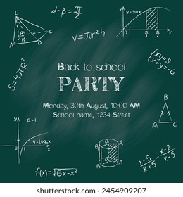 Back to school party banner. Chalk doodle math blackboard. Round design template include of handwritten mathematical figures, triangle, geometry functions, formula, calculation and equation. Vector