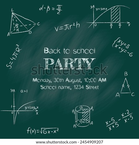 Back to school party banner. Chalk doodle math blackboard. Round design template include of handwritten mathematical figures, triangle, geometry functions, formula, calculation and equation. Vector