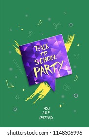 Back to school party banner. Flyer with shine speech bubble. Education event covers with lettering. Template for season promotion cards, invitation and social media. Vector illustration.