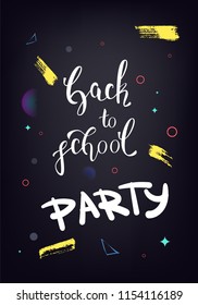 Back to school party banner. Flyer with shine decoration. Education event covers with handwritten lettering. Template for season promotion cards, invitation and social media. Vector illustration.