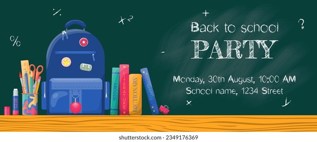 Back to school party banner template. Blue backpack with various stationery on background of school board. Design for website, marketing, educational study promotion ad, social media, invitation