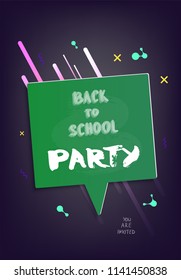 Back to school party banner. Vertical flyer with speech bubble and chalk lettering. Vector illustration.